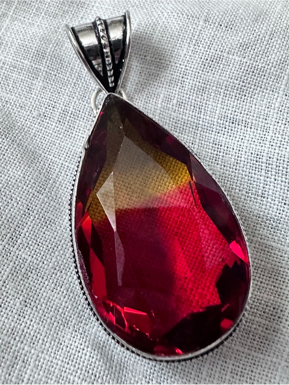 Artisan Red and Yellow Simulated Bi-Color Tourmaline Teardrop Pendant Necklace